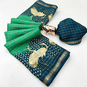 Elegant Rama Green & Blue Checks Weaving Tussar Silk Blend Saree Adorned With Artistic Bird Prints