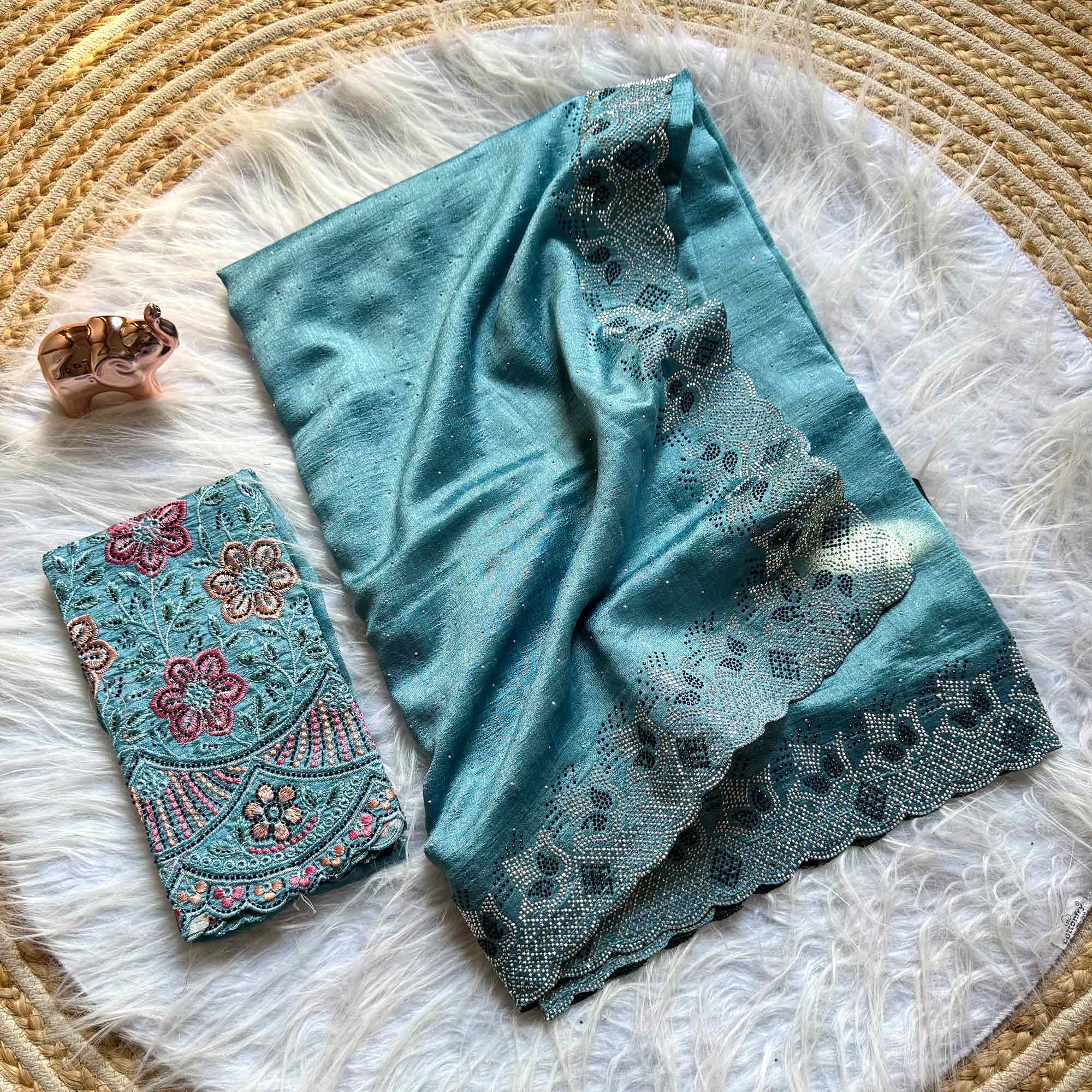 Elegant Blue Vichitra Silk Saree Adorned with Sparkling Swarovski Work & Jarkan Border