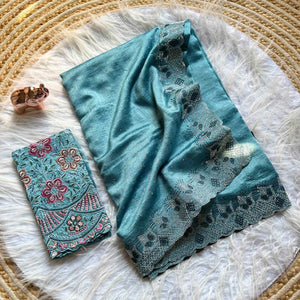 Elegant Blue Vichitra Silk Saree Adorned with Sparkling Swarovski Work & Jarkan Border