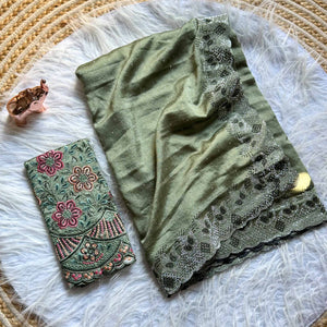 Elegant Green Vichitra Silk Saree Adorned with Sparkling Swarovski Work & Jarkan Border