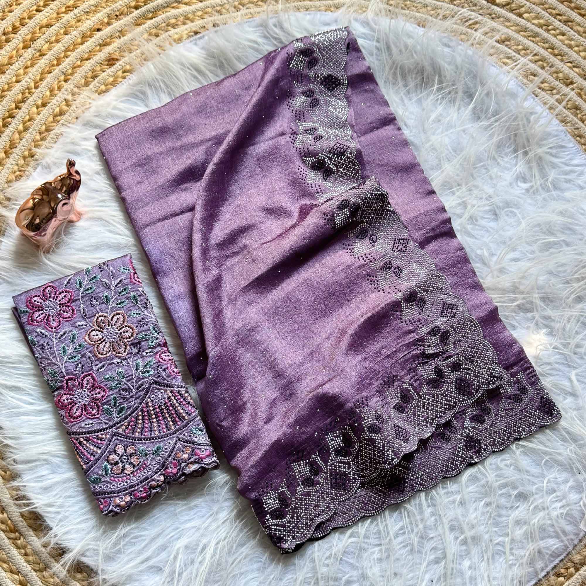 Elegant Lavender Vichitra Silk Saree Adorned with Sparkling Swarovski Work & Jarkan Border