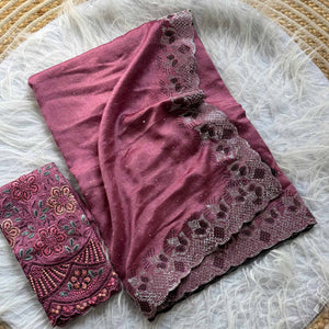 Elegant Mauve Vichitra Silk Saree Adorned with Sparkling Swarovski Work & Jarkan Border