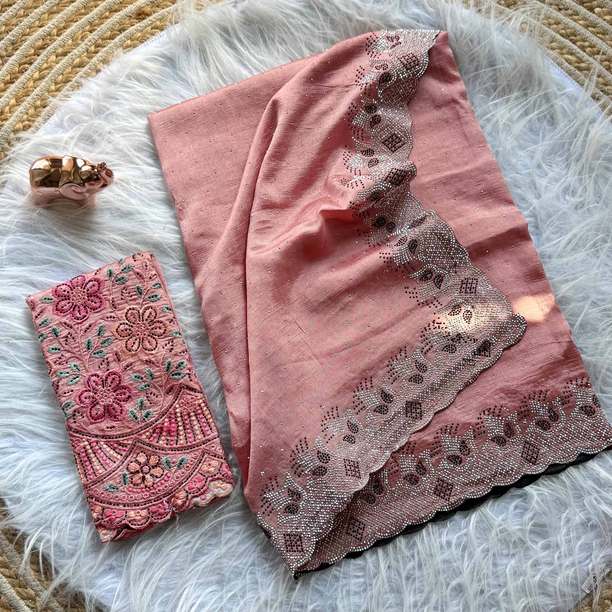 Elegant Peach Vichitra Silk Saree Adorned with Sparkling Swarovski Work & Jarkan Border