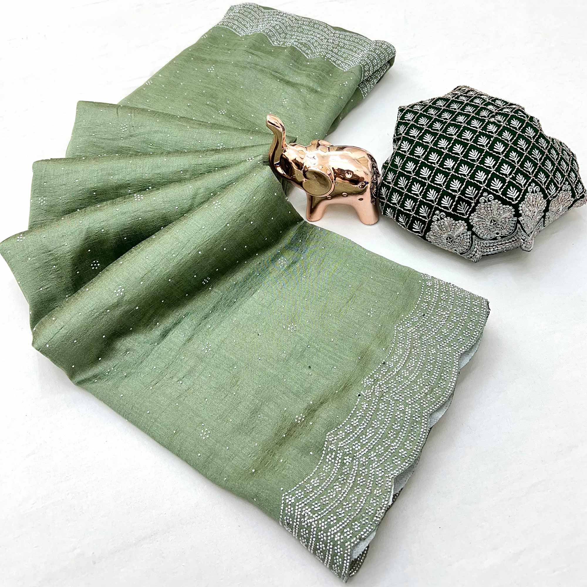 Green Shimmering Swarovski Embroidered Vichitra Silk Saree