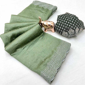 Green Shimmering Swarovski Embroidered Vichitra Silk Saree