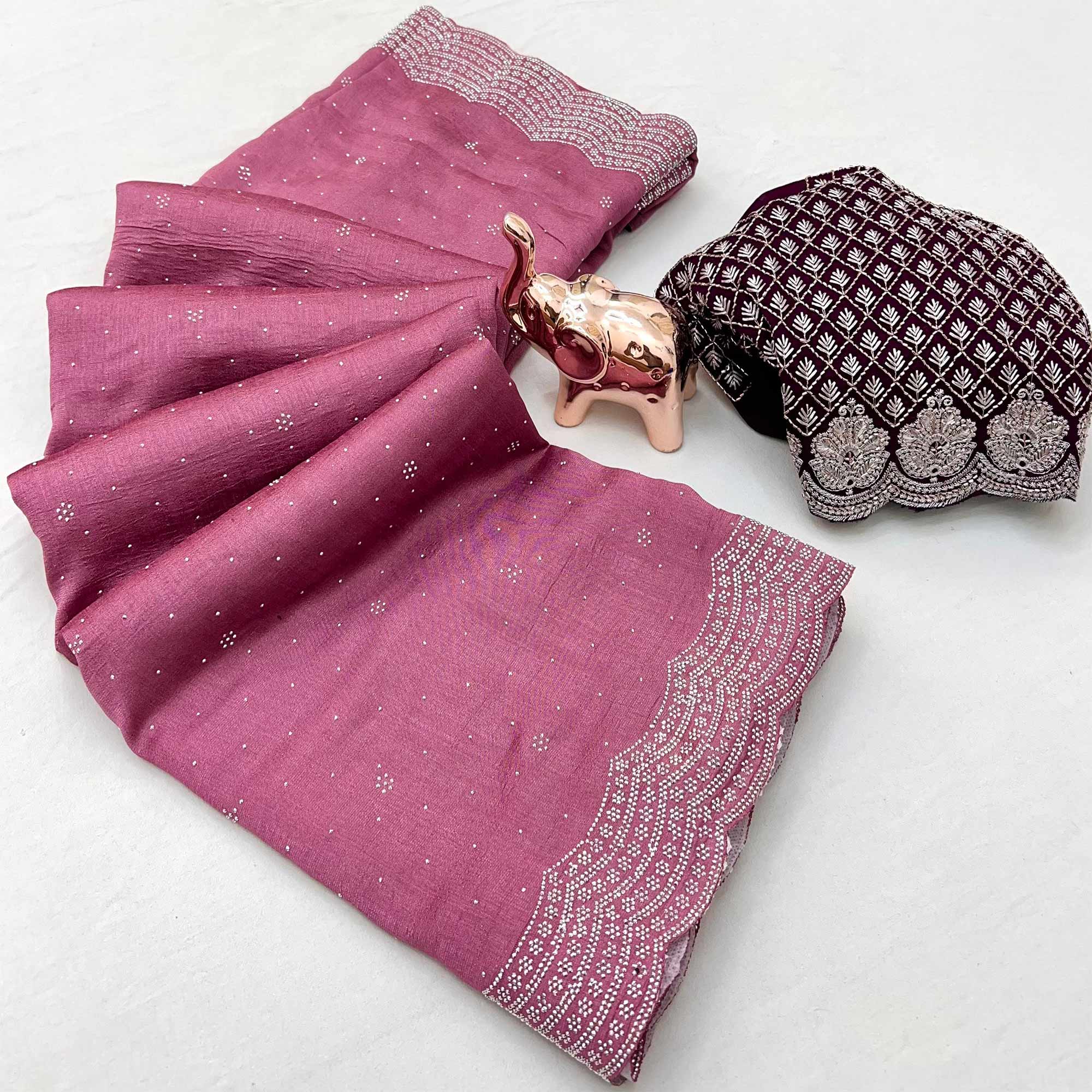 Mauve Shimmering Swarovski Embroidered Vichitra Silk Saree
