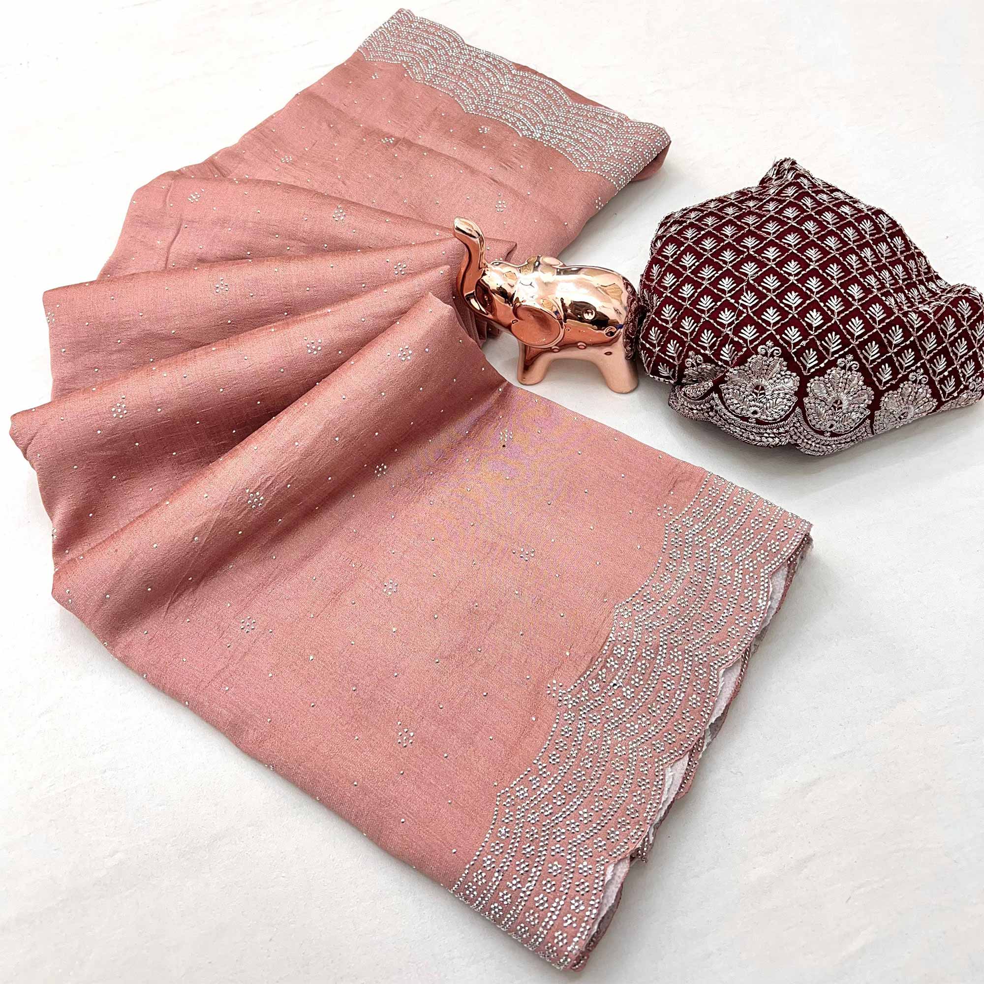 Peach Shimmering Swarovski Embroidered Vichitra Silk Saree