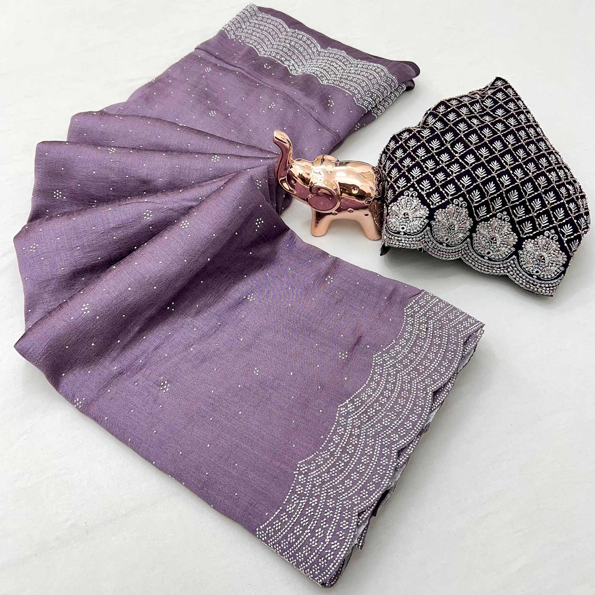 Purple Shimmering Swarovski Embroidered Vichitra Silk Saree