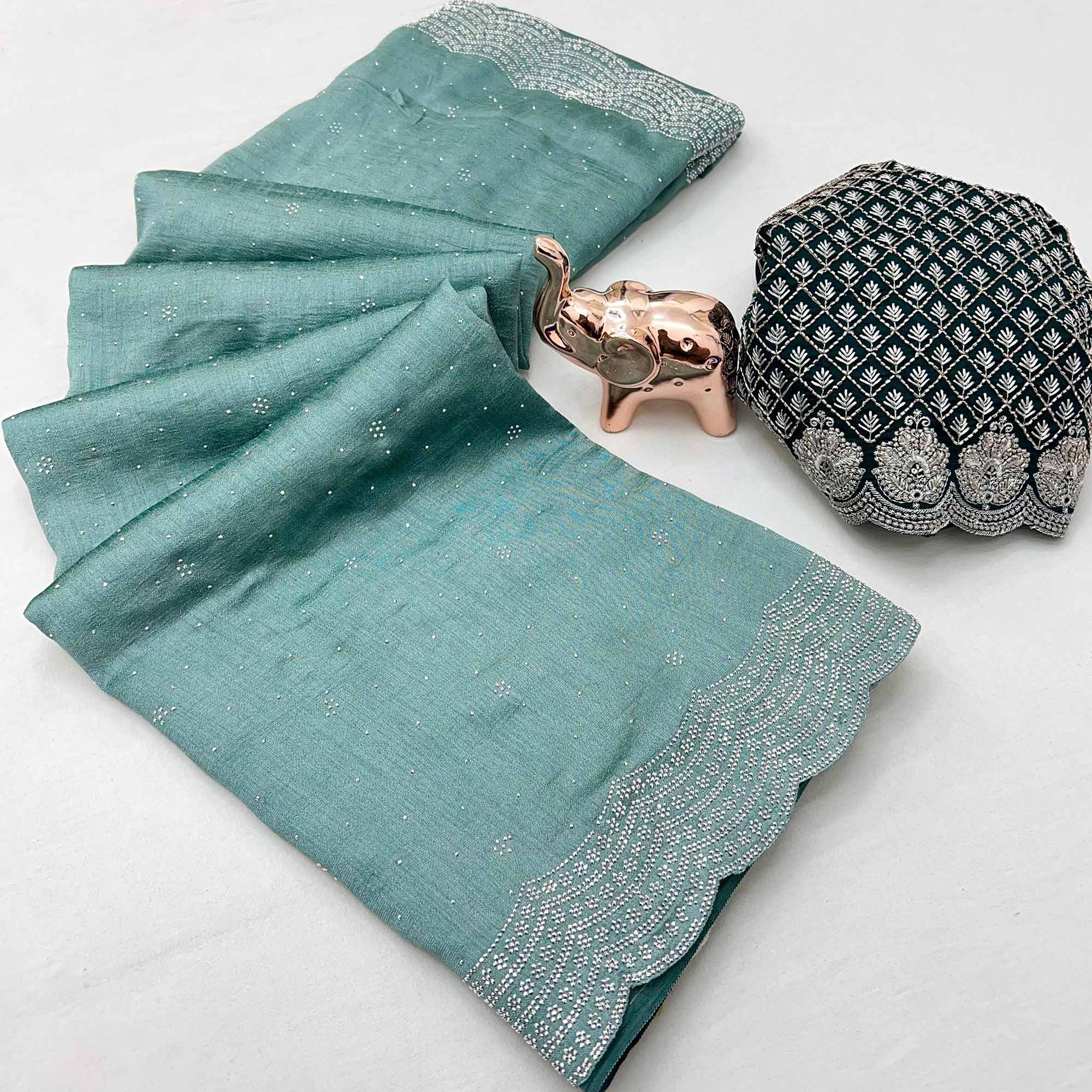 Sea Green Shimmering Swarovski Embroidered Vichitra Silk Saree