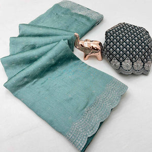 Sea Green Shimmering Swarovski Embroidered Vichitra Silk Saree
