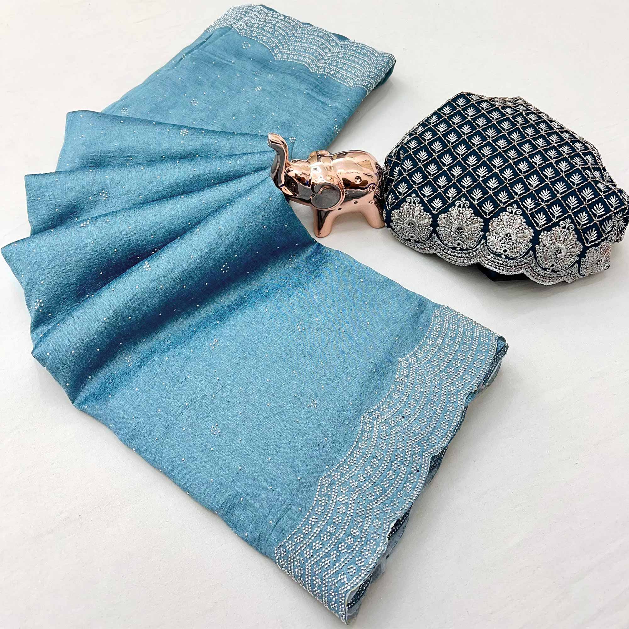Sky Blue Shimmering Swarovski Embroidered Vichitra Silk Saree