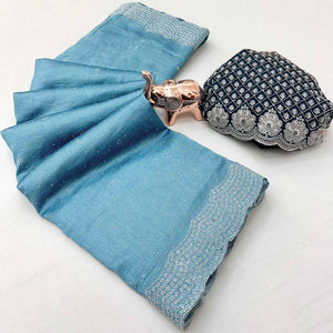 Sky Blue Shimmering Swarovski Embroidered Vichitra Silk Saree