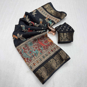 Designer Black Dola Silk Saree Featuring Intricate Floral Zari Weaving