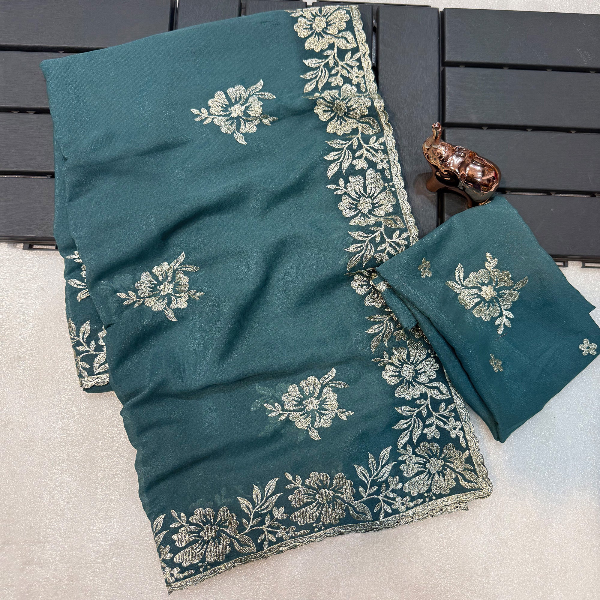 Stunning Dusty Turquoise Georgette Saree with Floral Zari Embroidery & Ornate Cutwork Border