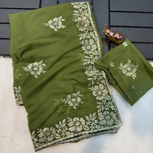 Stunning Green Georgette Saree with Floral Zari Embroidery & Ornate Cutwork Border