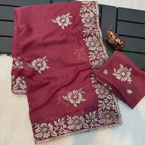 Stunning Light Maroon Georgette Saree with Floral Zari Embroidery & Ornate Cutwork Border