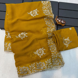 Stunning Mustard Georgette Saree with Floral Zari Embroidery & Ornate Cutwork Border