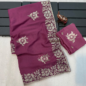 Stunning Wine Georgette Saree with Floral Zari Embroidery & Ornate Cutwork Border