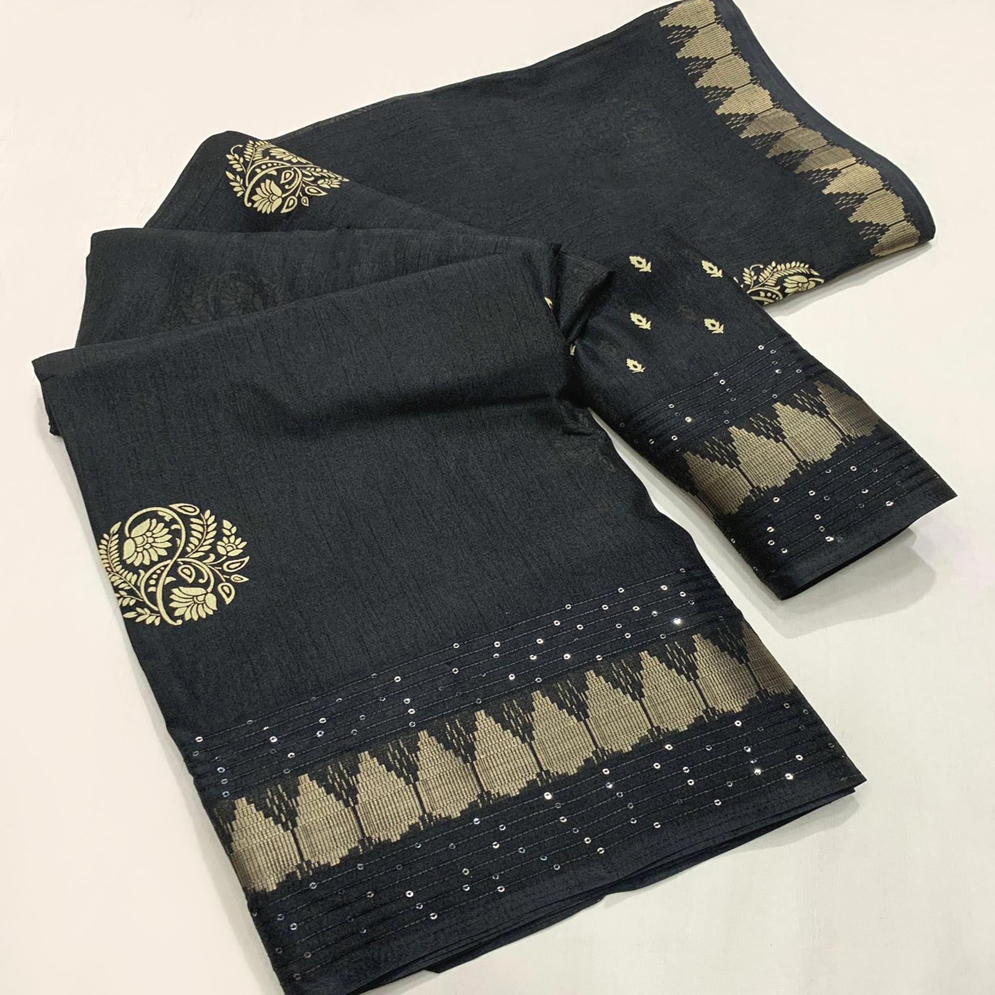 Black Floral Printed Dola Silk Saree With Sequins Border