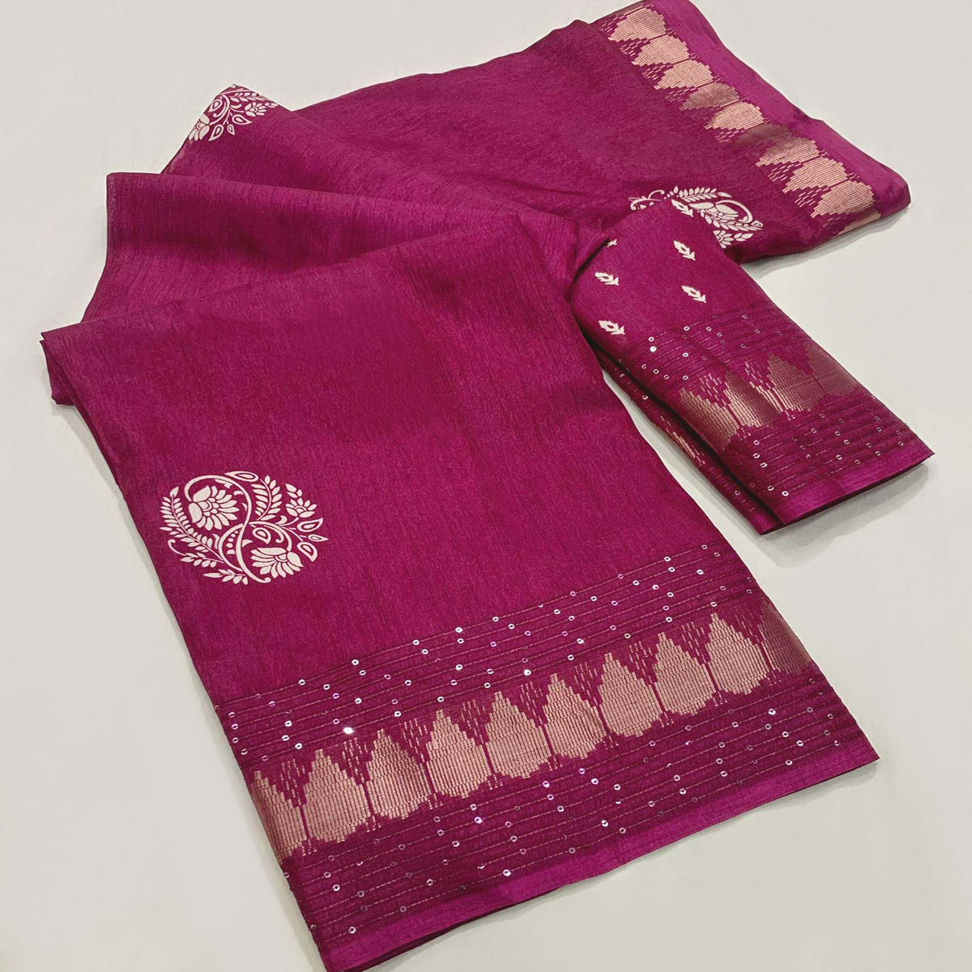 Pink Floral Printed Dola Silk Saree With Sequins Border