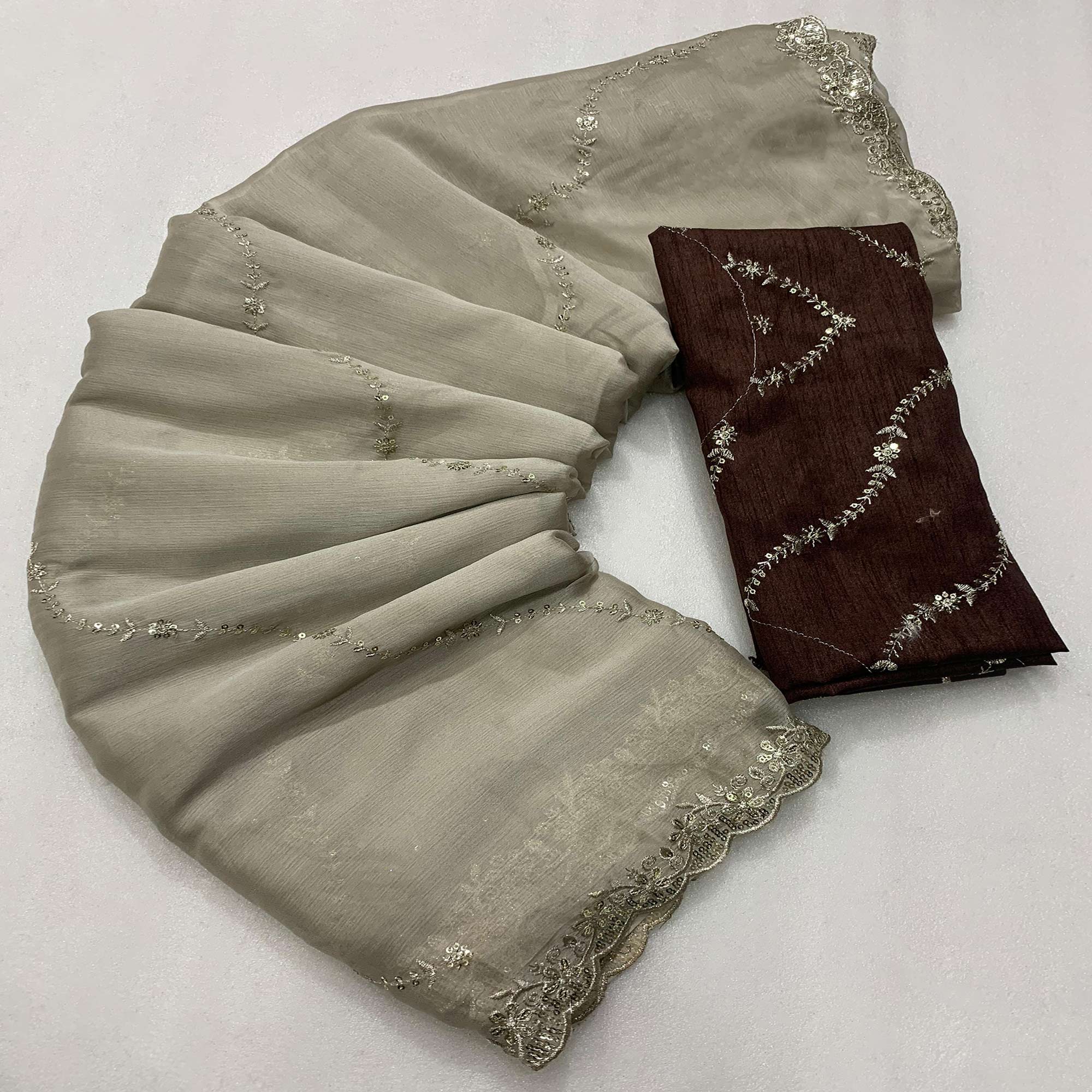 Beige Floral Sequins Embroidered Chiffon Saree