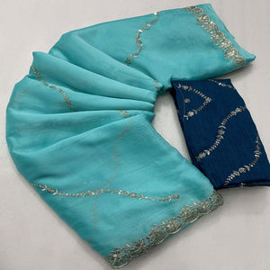Blue Floral Sequins Embroidered Chiffon Saree