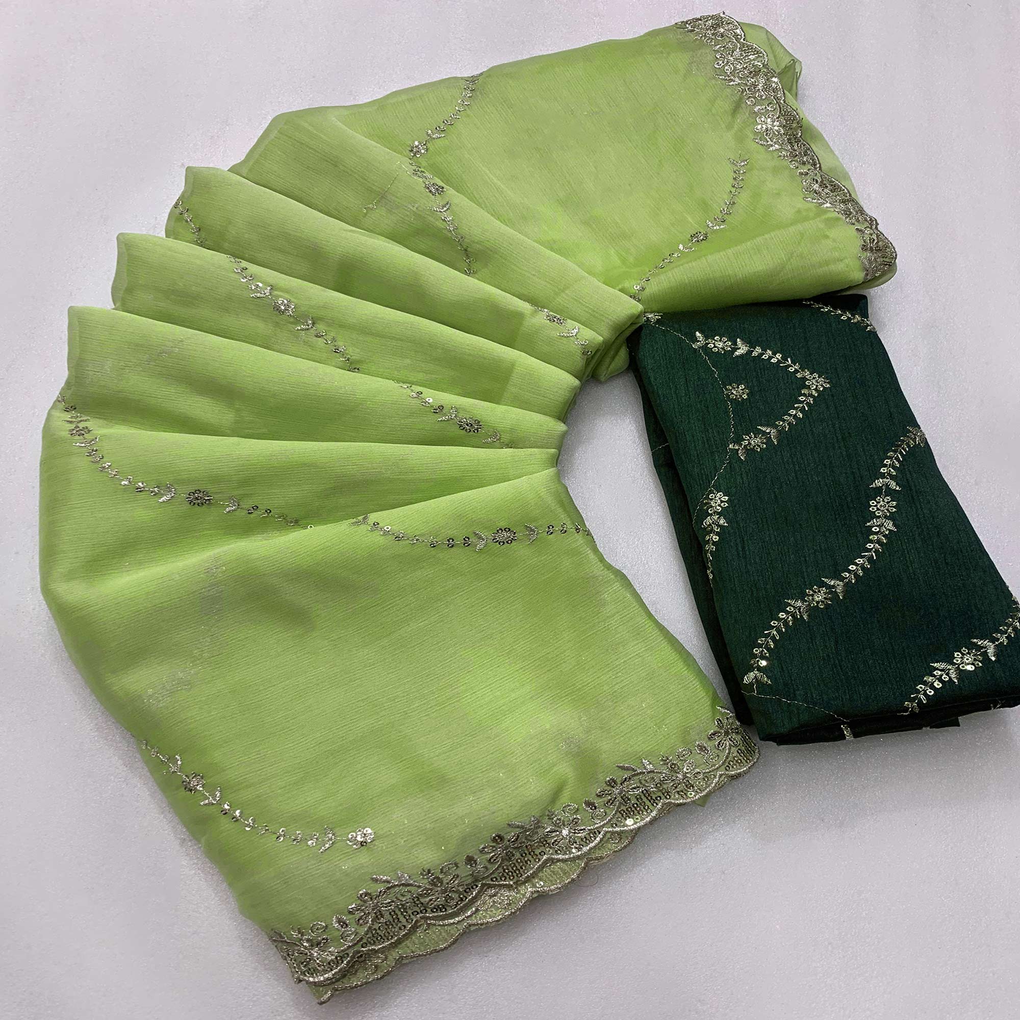 Green Floral Sequins Embroidered Chiffon Saree