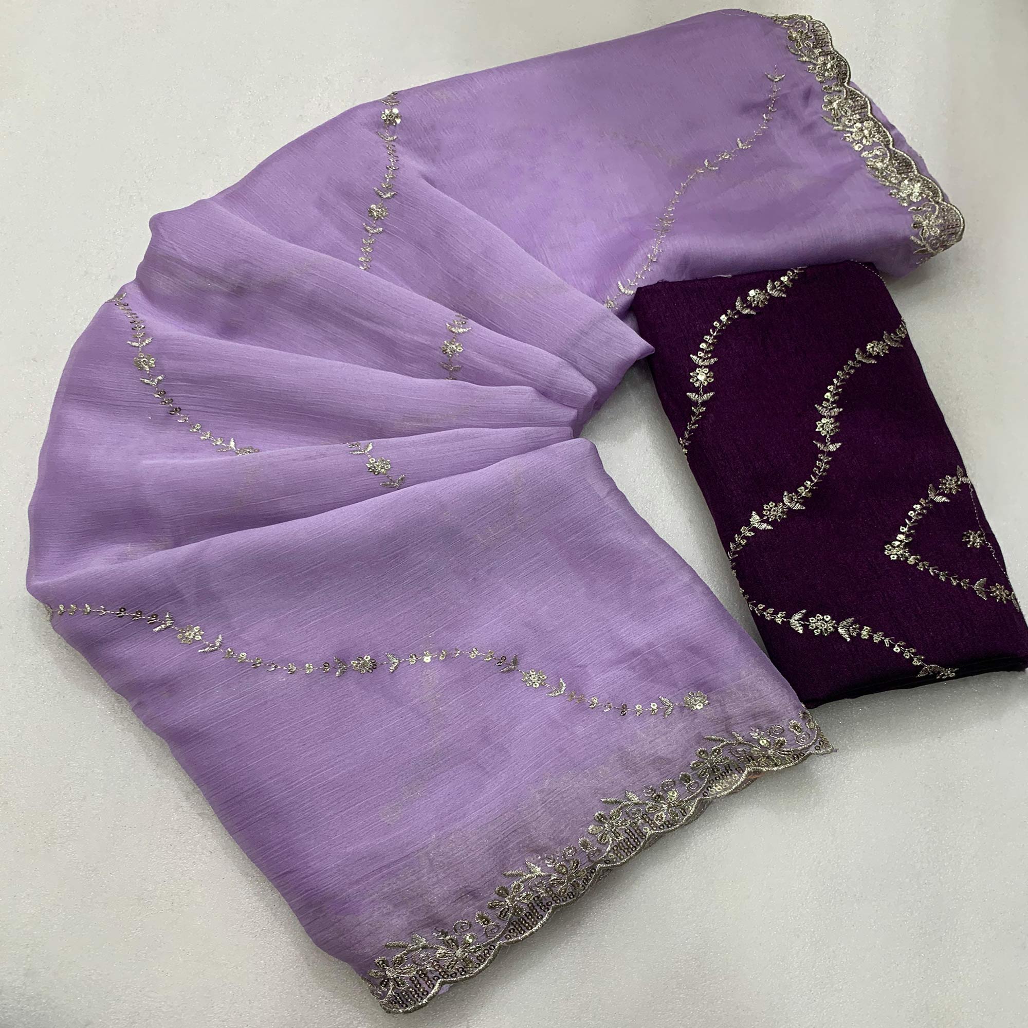 Lavender Floral Sequins Embroidered Chiffon Saree