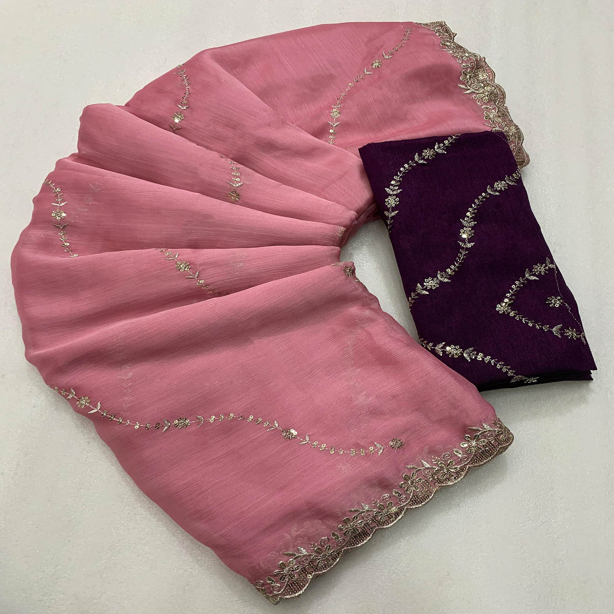 Pink Floral Sequins Embroidered Chiffon Saree
