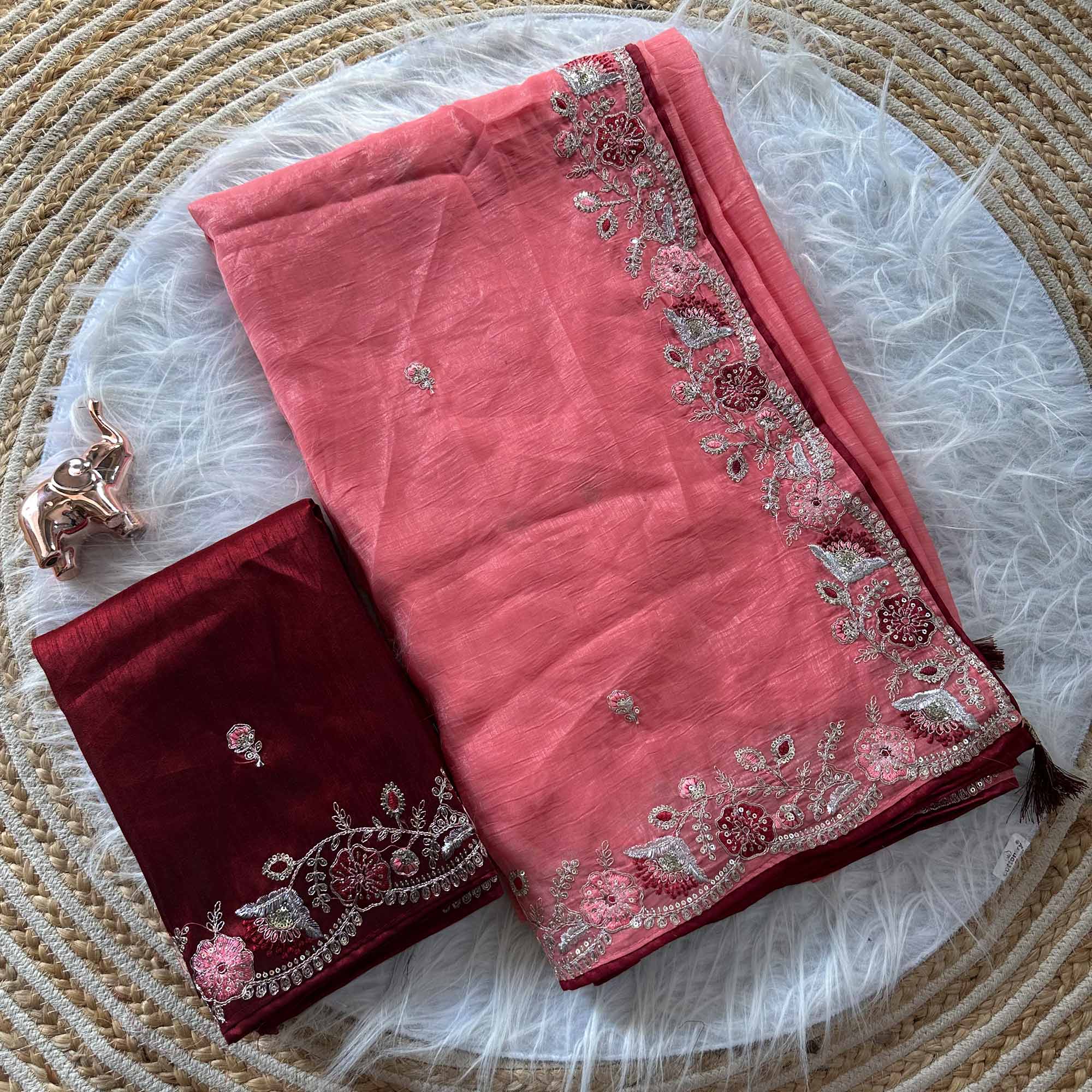 Peach Pure Silk Saree Showcasing Floral Sequins Embroidery With A Decorative Tassel Pallu