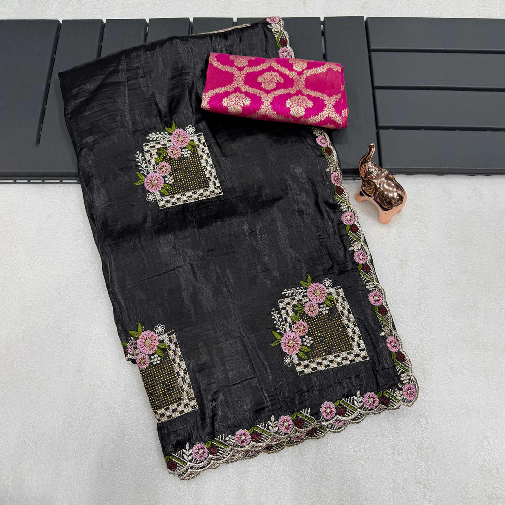 Stunning Black Floral Embroidery & Swarovski Adorned Paper Silk Saree