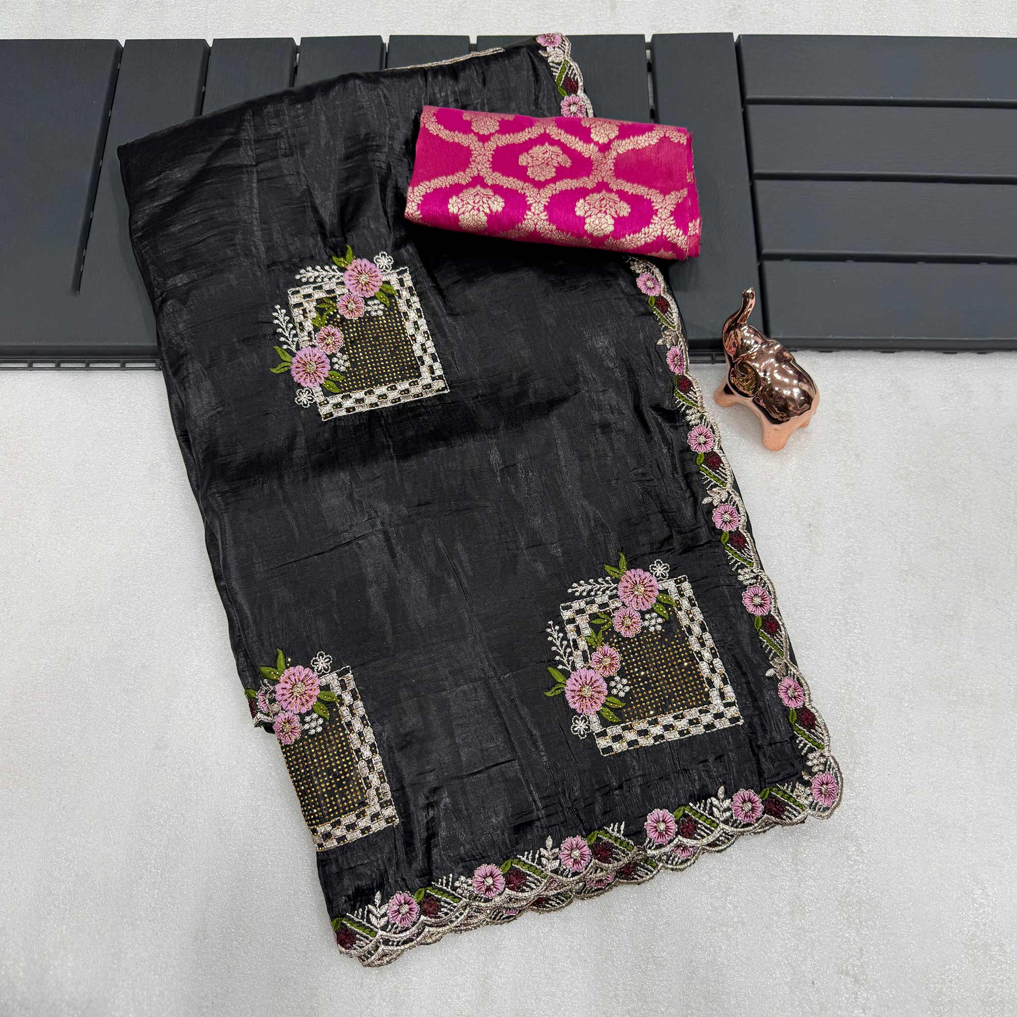 Stunning Black Floral Embroidery & Swarovski Adorned Paper Silk Saree with Cutwork Border