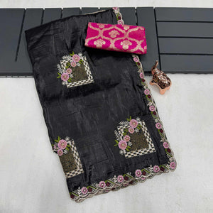 Stunning Black Floral Embroidery & Swarovski Adorned Paper Silk Saree with Cutwork Border