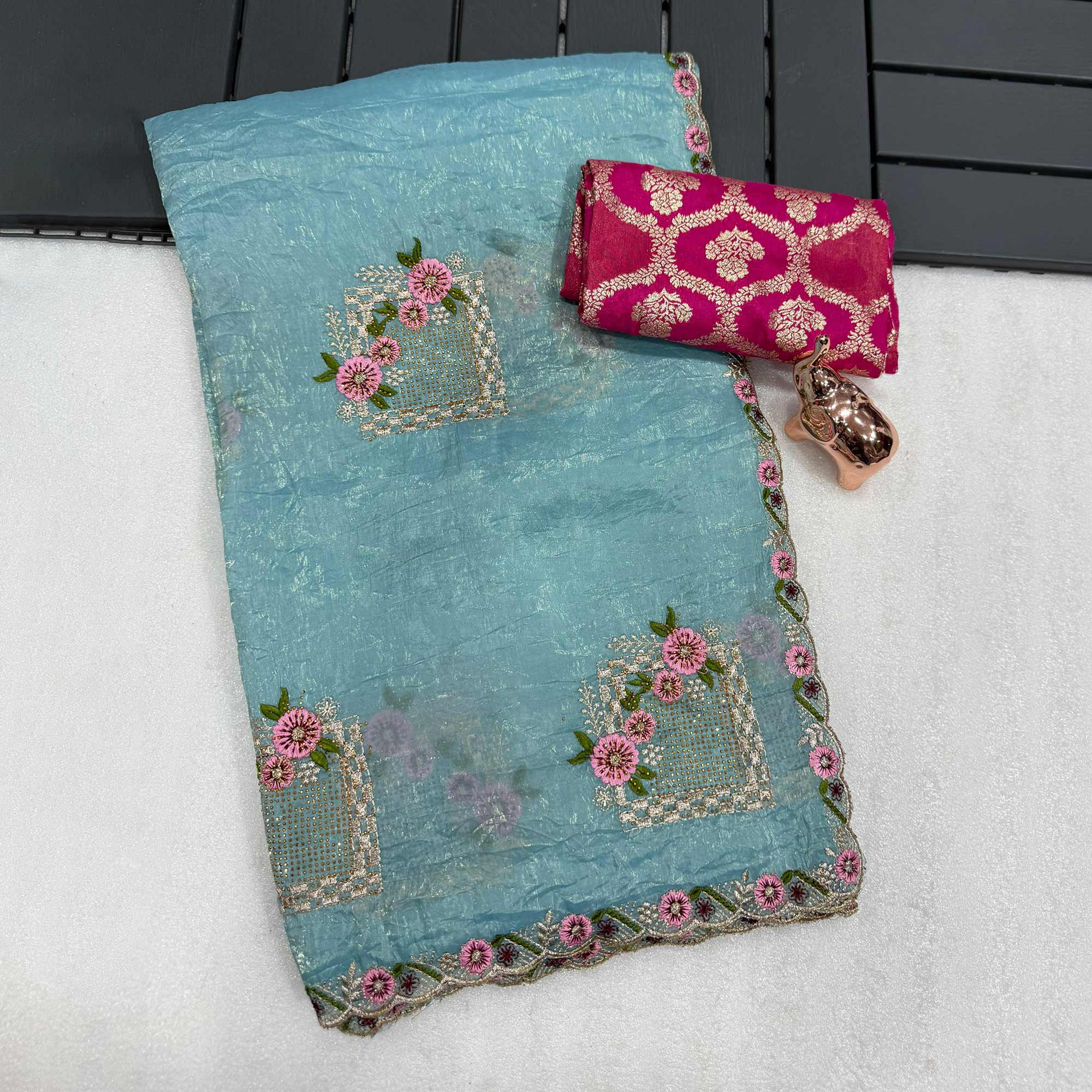 Stunning Blue Floral Embroidery & Swarovski Adorned Paper Silk Saree with Cutwork Border