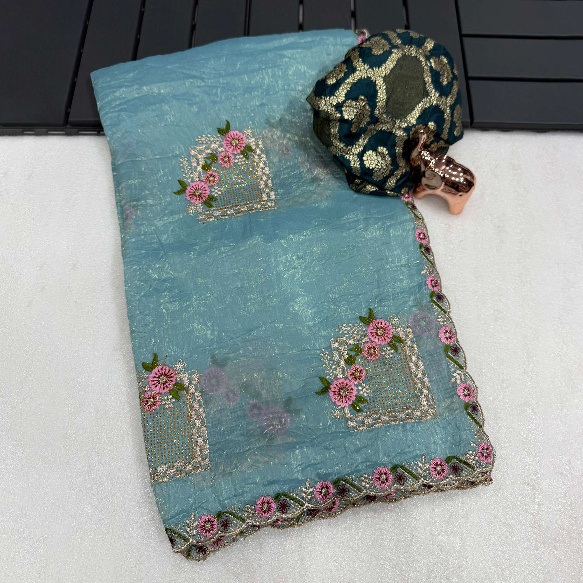 Stunning Blue Floral Embroidery & Swarovski Adorned Paper Silk Saree with Cutwork Border