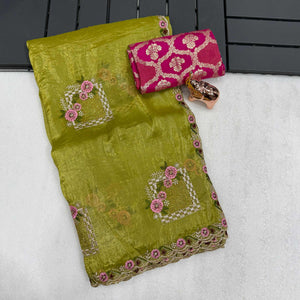 Stunning Olive Floral Embroidery & Swarovski Adorned Paper Silk Saree with Cutwork Border