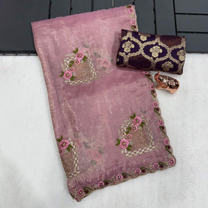Stunning Pink Floral Embroidery & Swarovski Adorned Paper Silk Saree with Cutwork Border