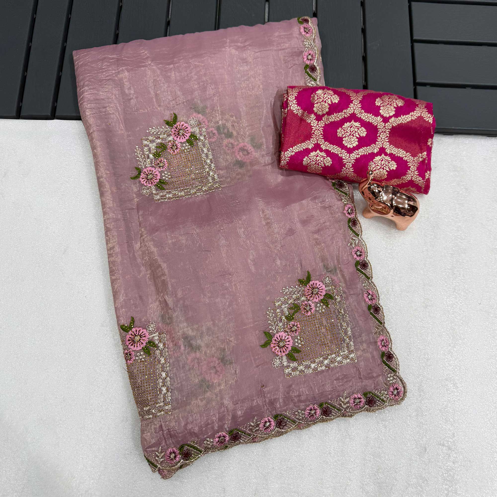 Stunning Pink Floral Embroidery & Swarovski Adorned Paper Silk Saree with Cutwork Border