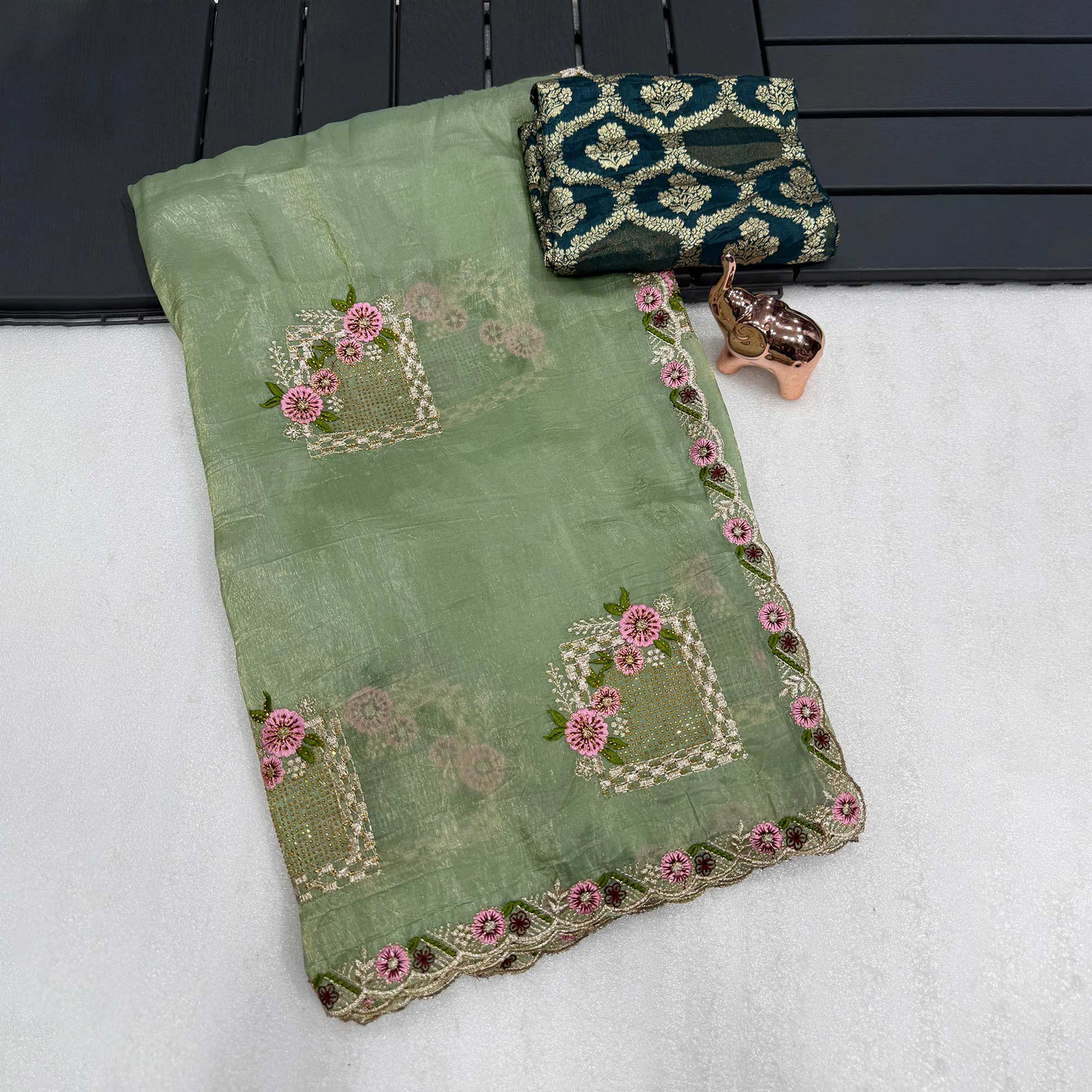 Stunning Sage Green Floral Embroidery & Swarovski Adorned Paper Silk Saree with Cutwork Border
