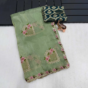 Stunning Sage Green Floral Embroidery & Swarovski Adorned Paper Silk Saree with Cutwork Border