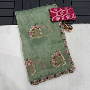 Stunning Sage Green Floral Embroidery & Swarovski Adorned Paper Silk Saree with Cutwork Border