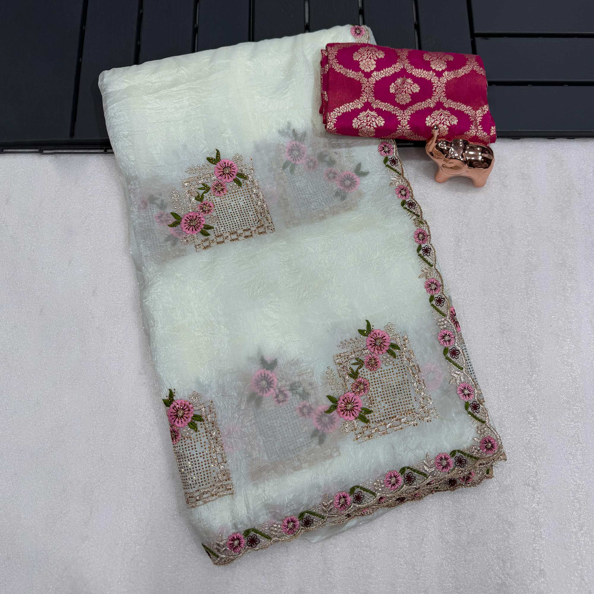 Stunning White Floral Embroidery & Swarovski Adorned Paper Silk Saree with Cutwork Border