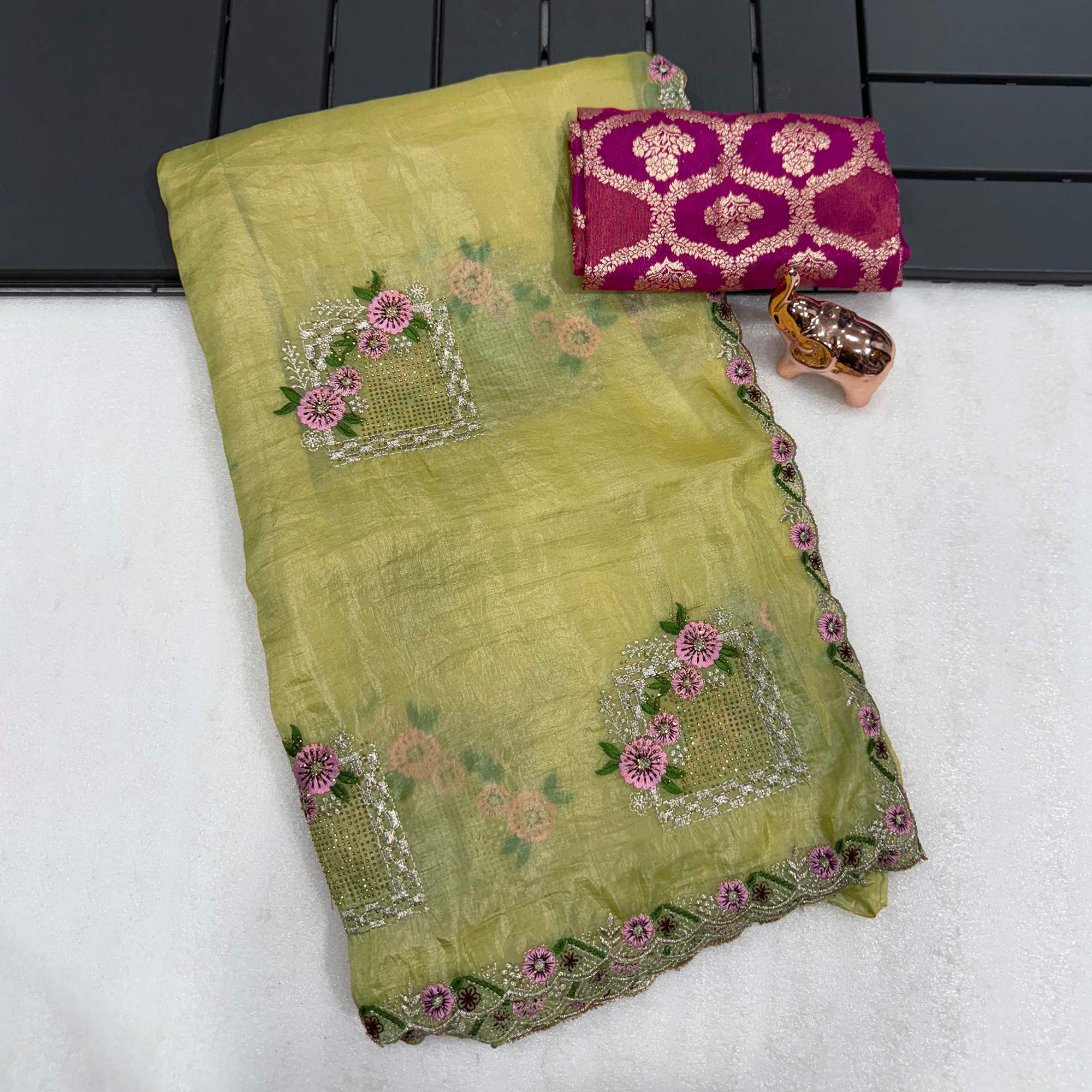 Stunning Yellow Floral Embroidery & Swarovski Adorned Paper Silk Saree with Cutwork Border