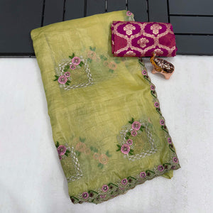Stunning Yellow Floral Embroidery & Swarovski Adorned Paper Silk Saree with Cutwork Border