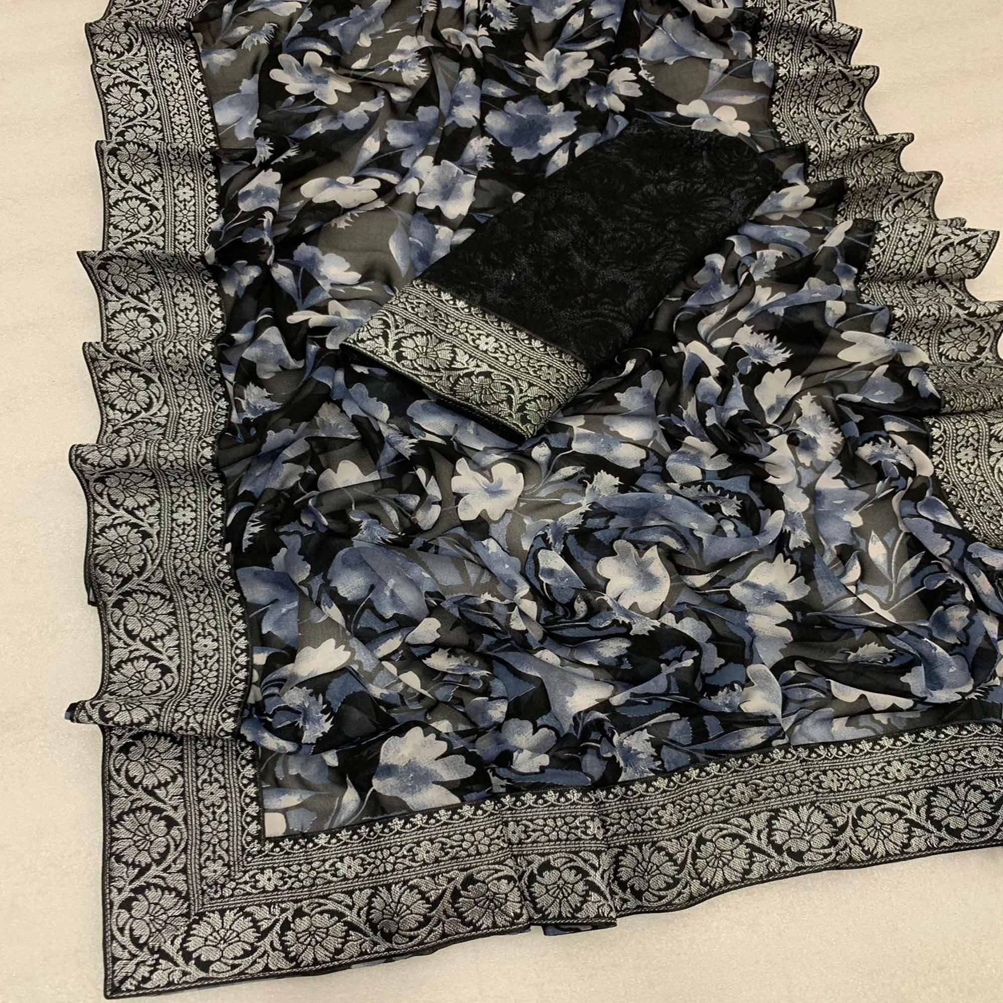 Black Floral Printed Georgette Saree With Woven Border