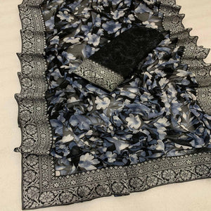 Black Floral Printed Georgette Saree With Woven Border