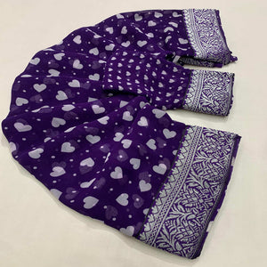 Purple Heart Printed Georgette Saree With Woven Border