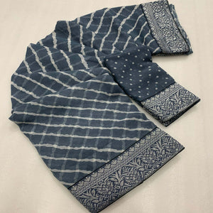 Grey Leheriya Printed Georgette Saree With Woven Border
