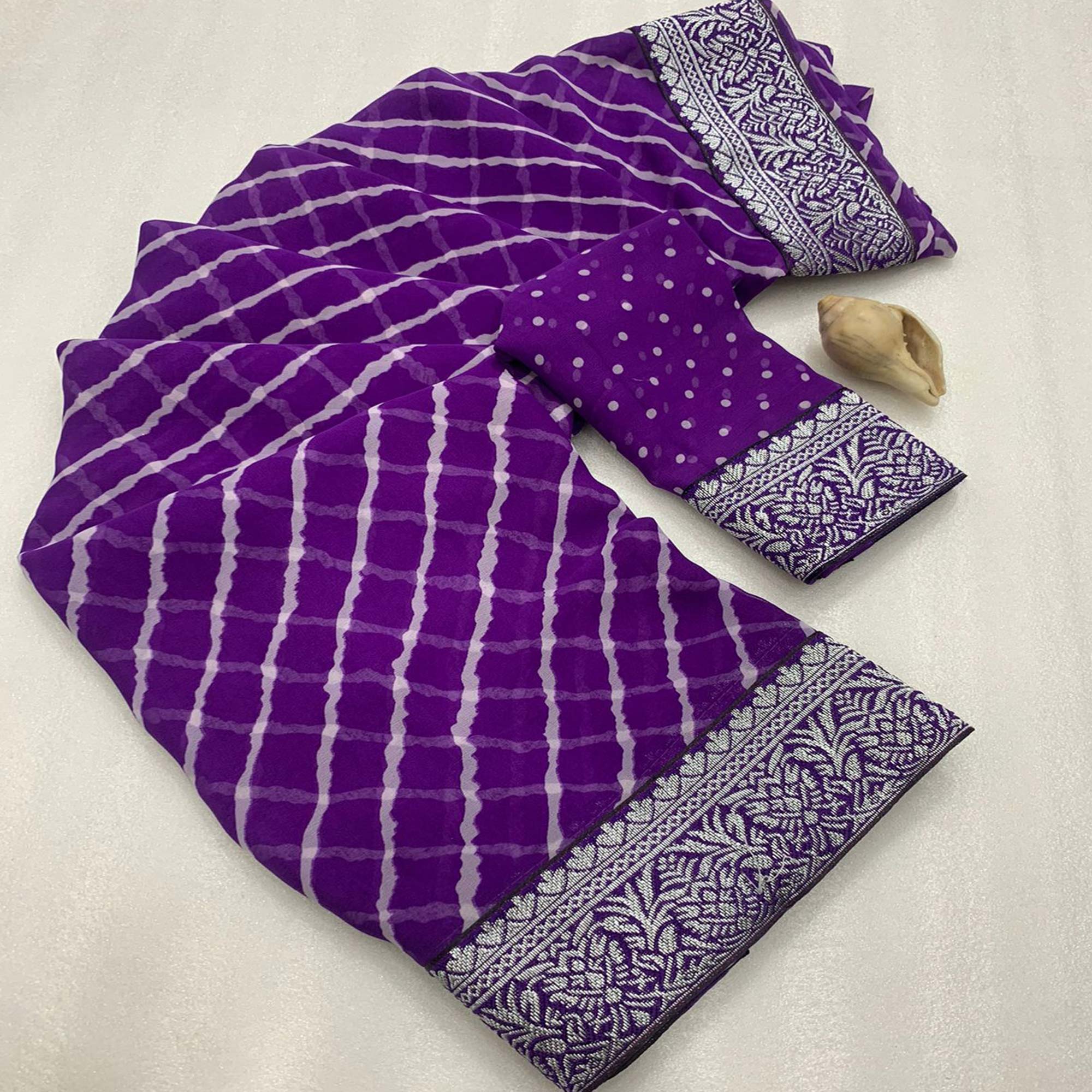 Purple Leheriya Printed Georgette Saree With Woven Border