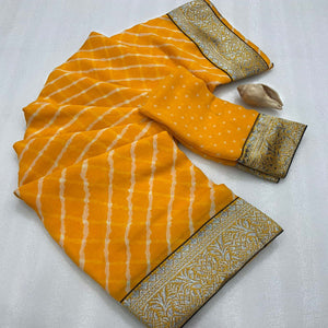 Yellow Leheriya Printed Georgette Saree With Woven Border
